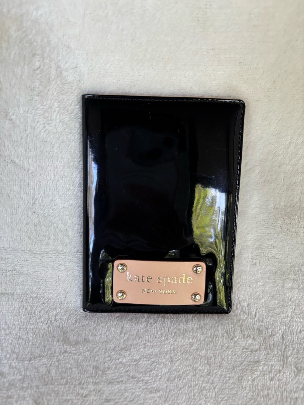 kate spade Black Patent Passport Cover Daycation Newsprint